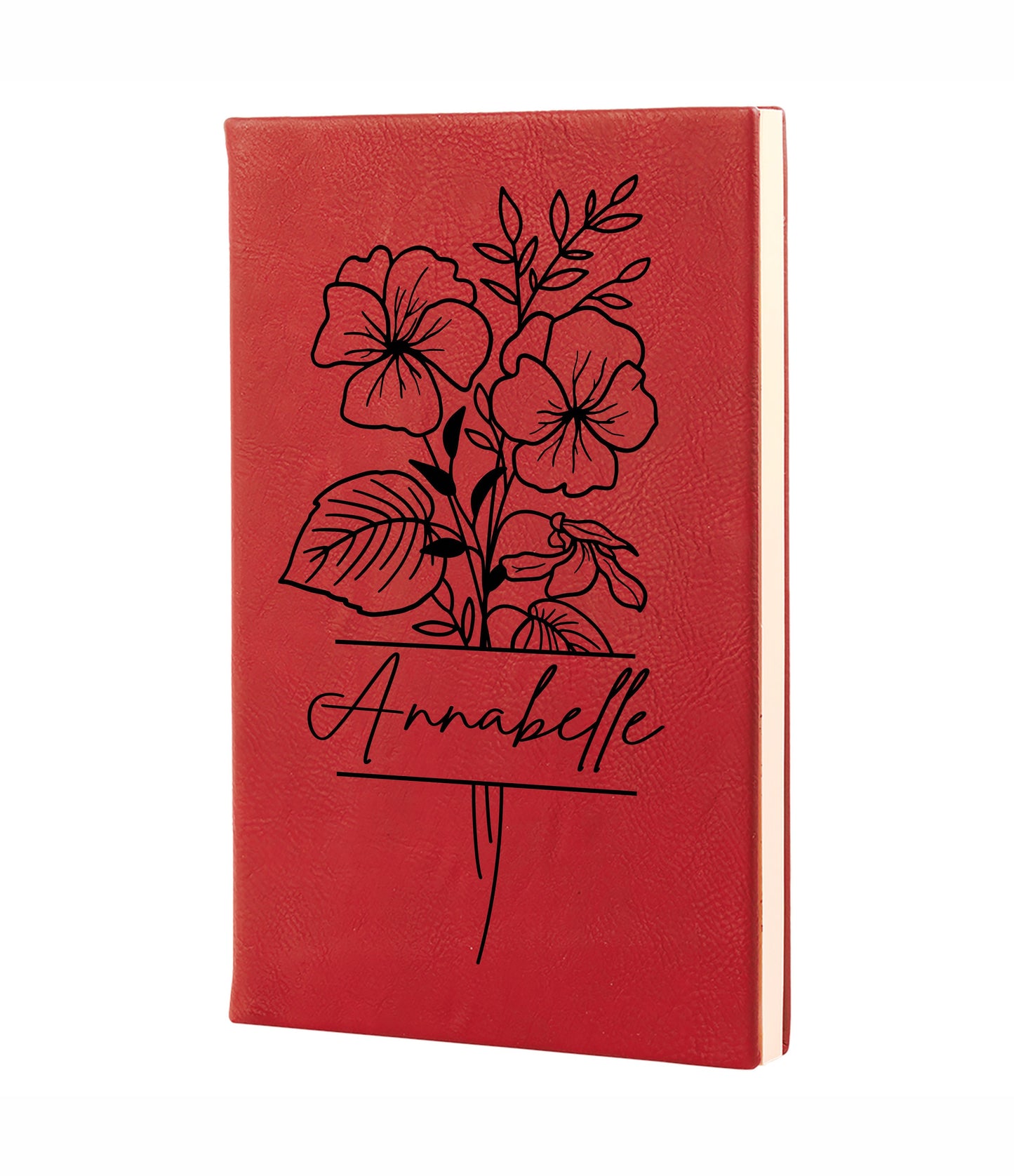 Personalized Birth Flower Journal - close-up of the custom engraving