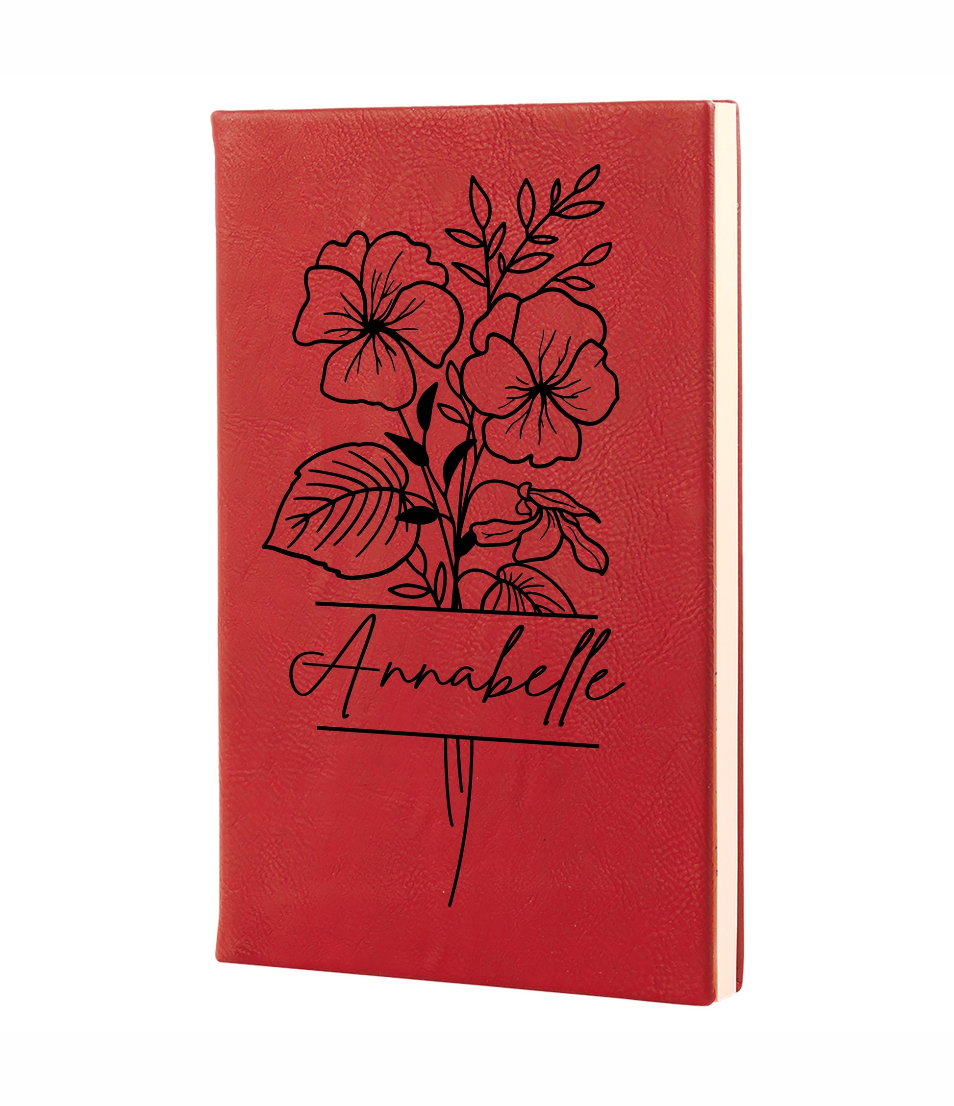 Personalized Birth Flower Journal - close-up of the custom engraving