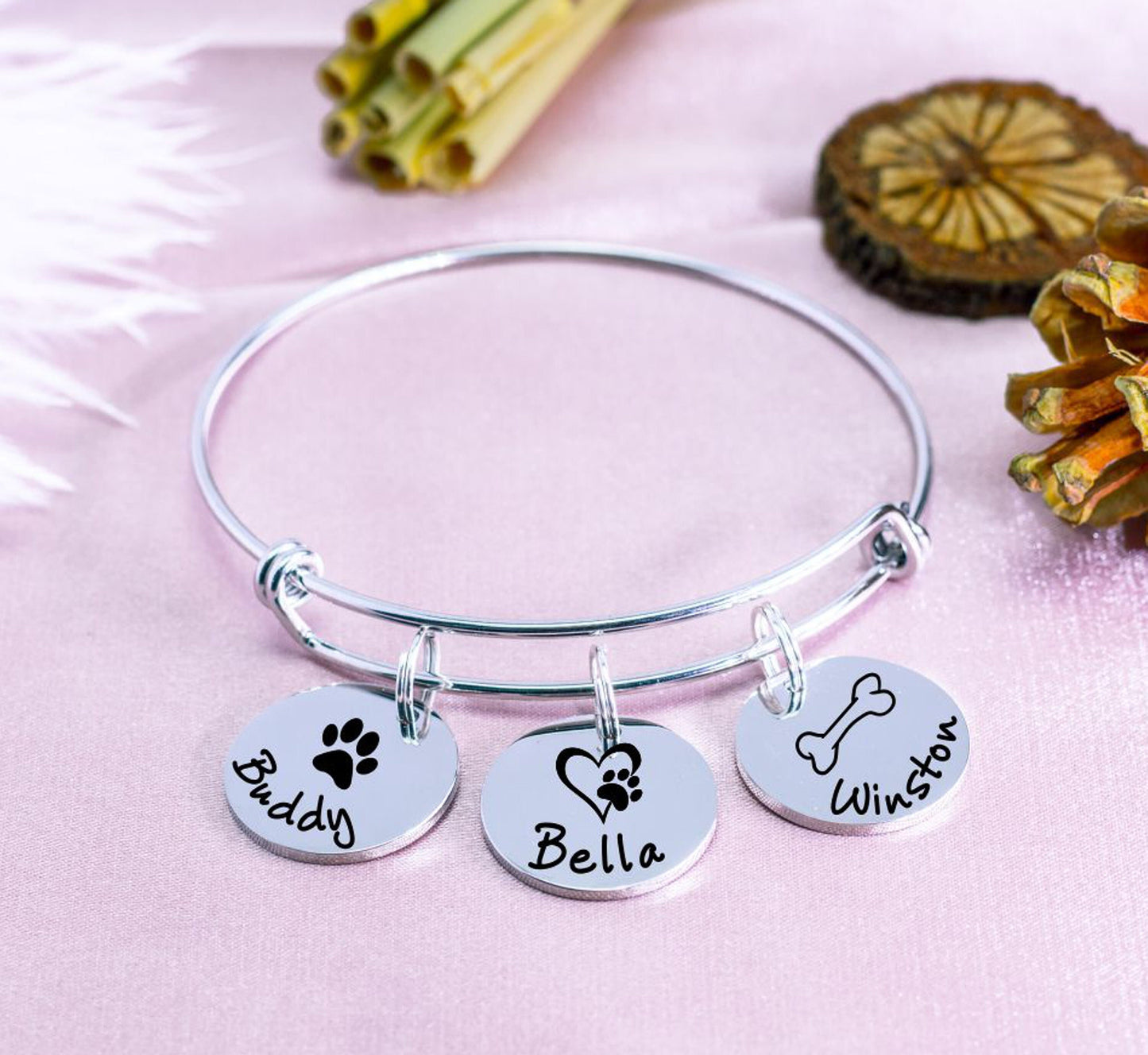 Personalized Pet Charm Bracelet: Custom Dog Cat Name Bangle - personalization example