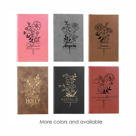 Personalized Birth Flower Journal - close-up of the custom engraving