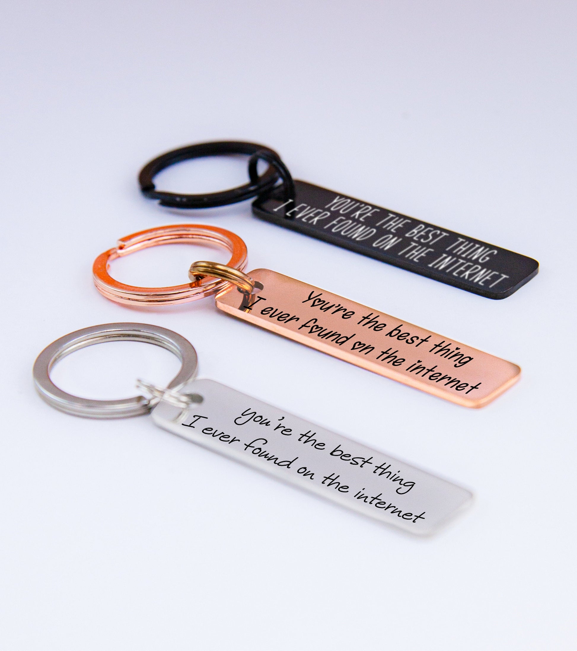 "Best Thing I Found Online" Engraved Keychain – Couples Gift - close-up of the custom engraving