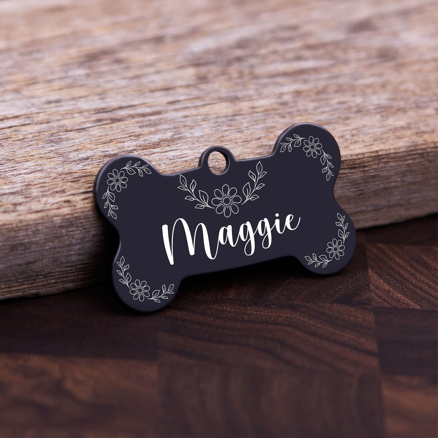Personalized Bone Dog Tag - close-up of the custom engraving