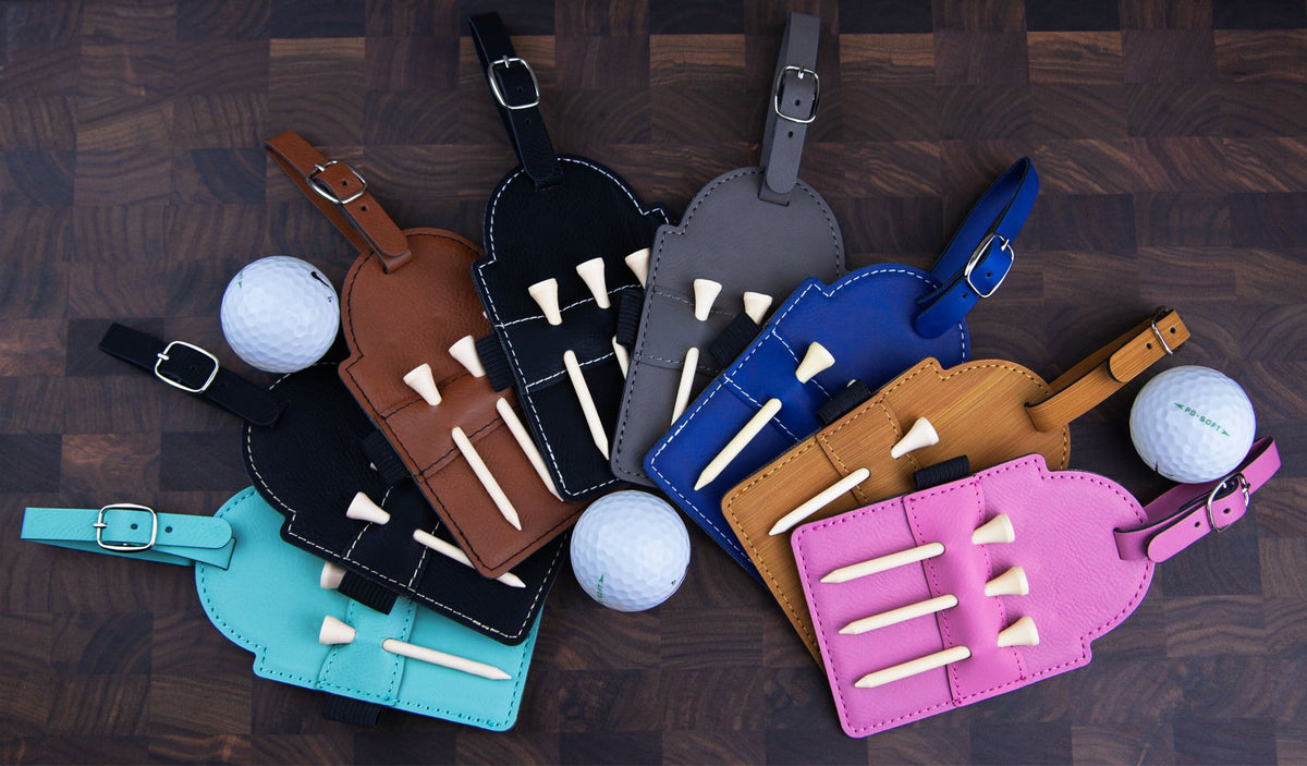Personalized Golf Bag Tag - Laser Engraved Leatherette with Tees