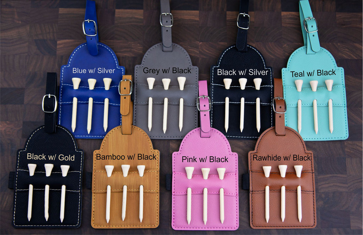 Personalized Golf Bag Tag - Laser Engraved Leatherette with Tees