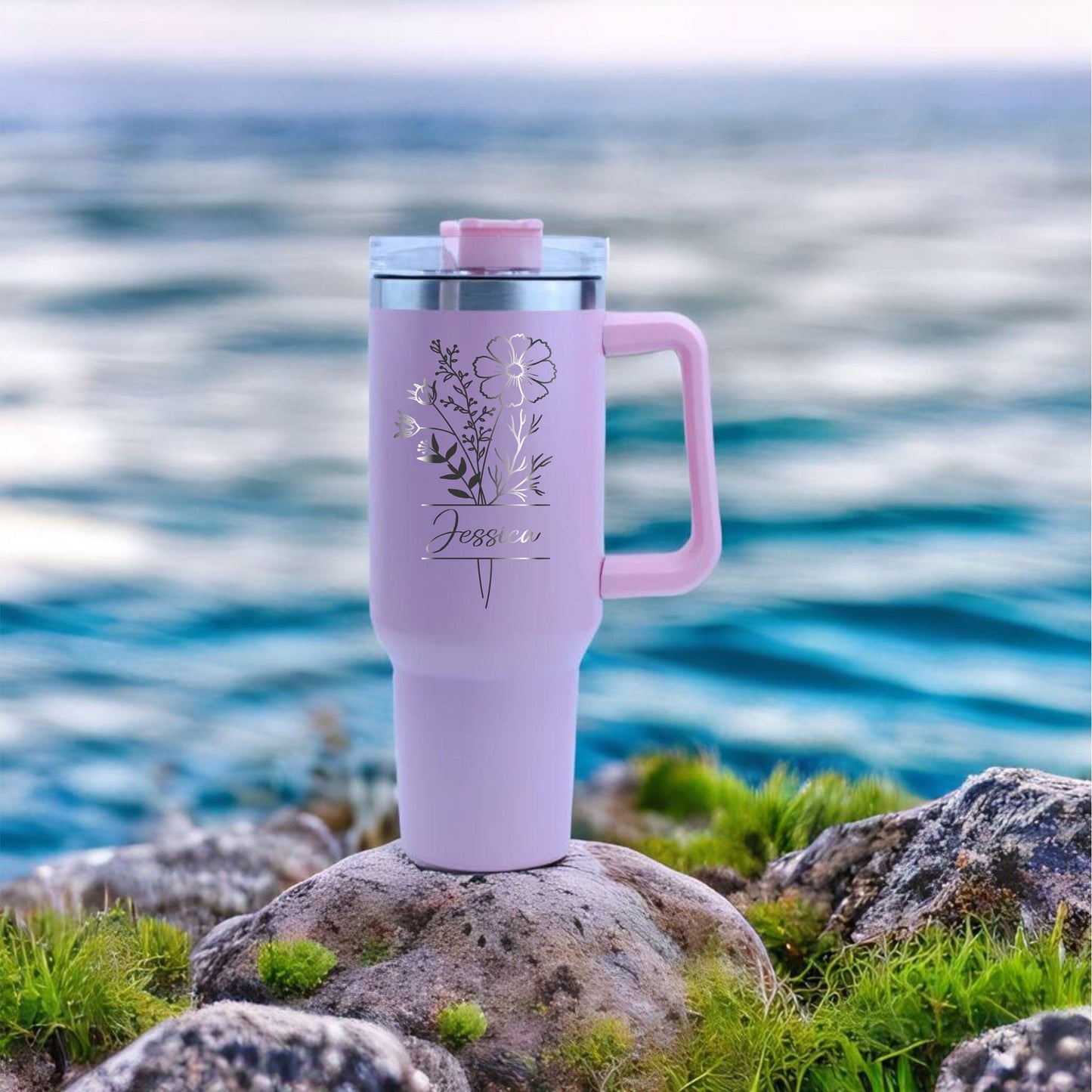 Personalized Birth Flower Tumbler - close-up of the custom engraving