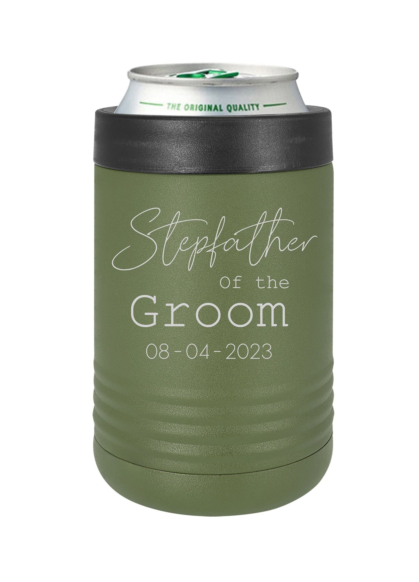 Father of the Bride Can Cooler - close-up of the custom engraving