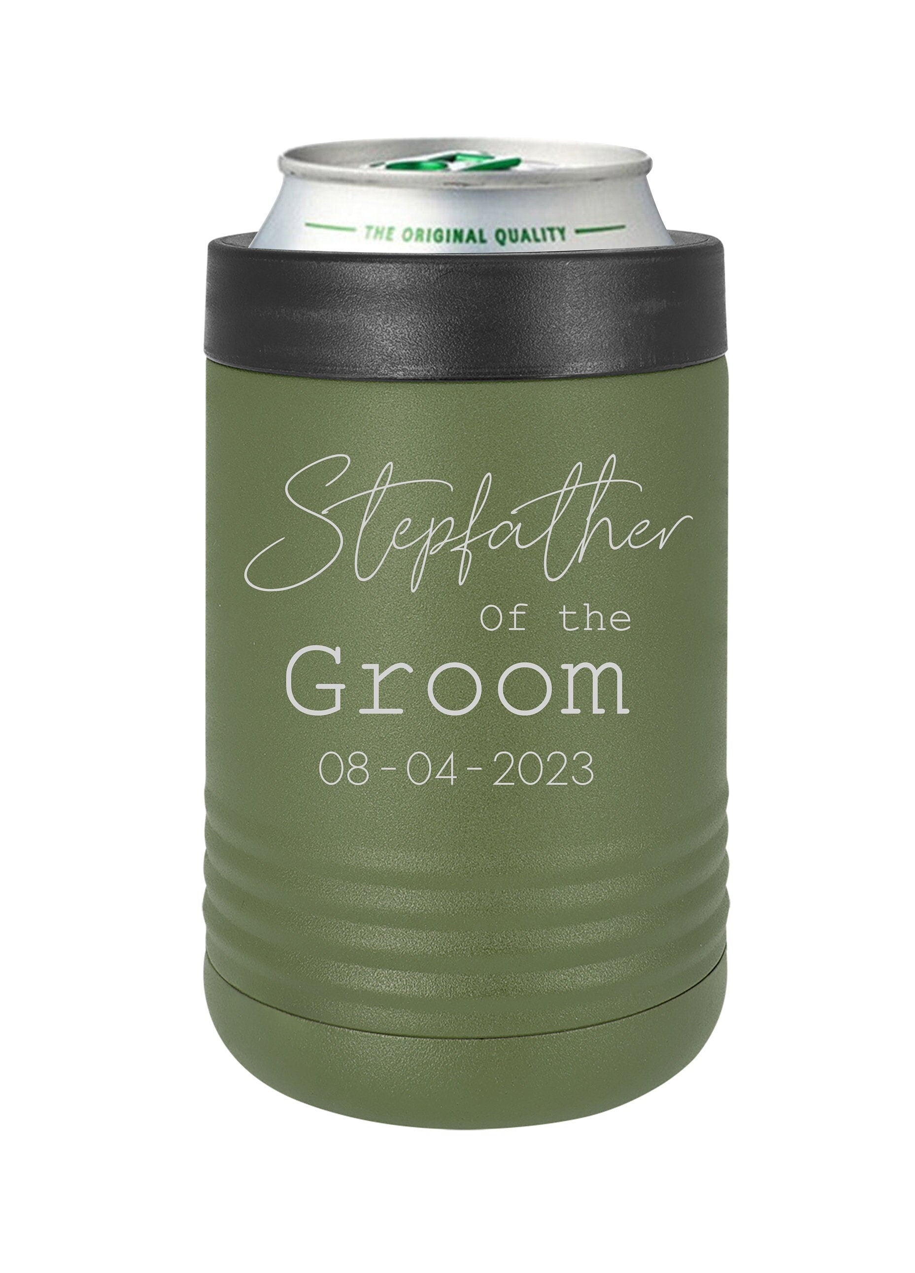 Father of the Bride Can Cooler - close-up of the custom engraving