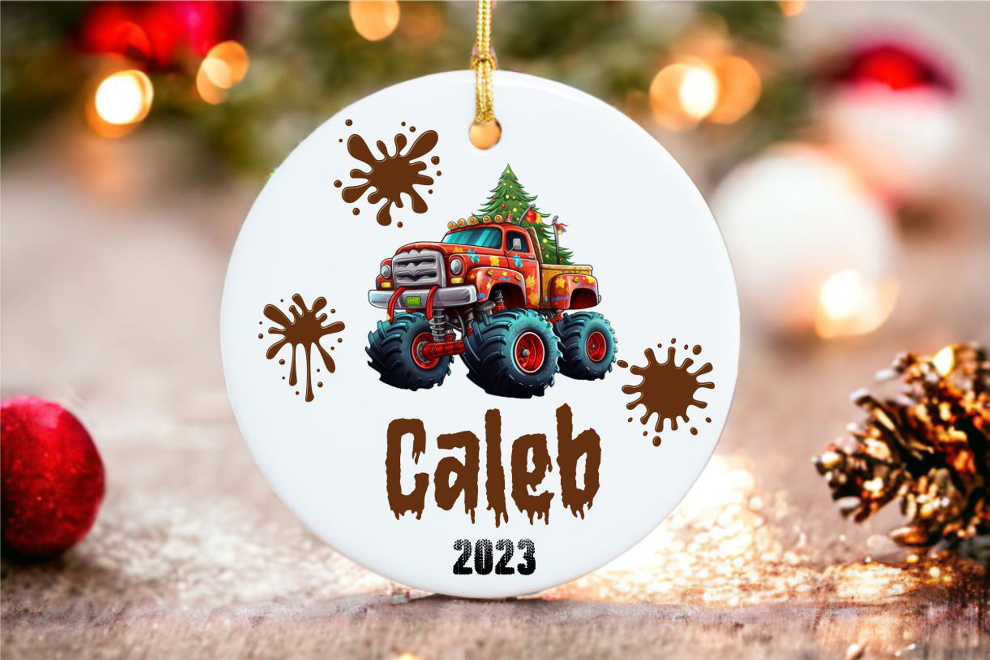 Personalized Kids Monster Truck Christmas Ornament - Fun Boys - close-up of the custom engraving