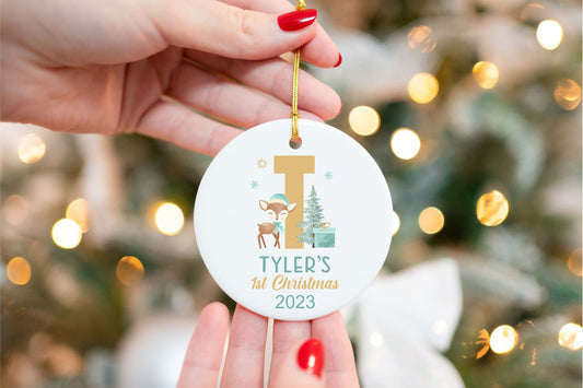 Personalized Baby's First Christmas Ornament - close-up of the custom engraving