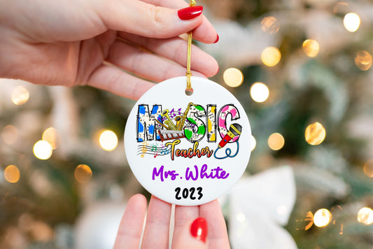 Music Teacher Christmas Ornament - close-up of the custom engraving