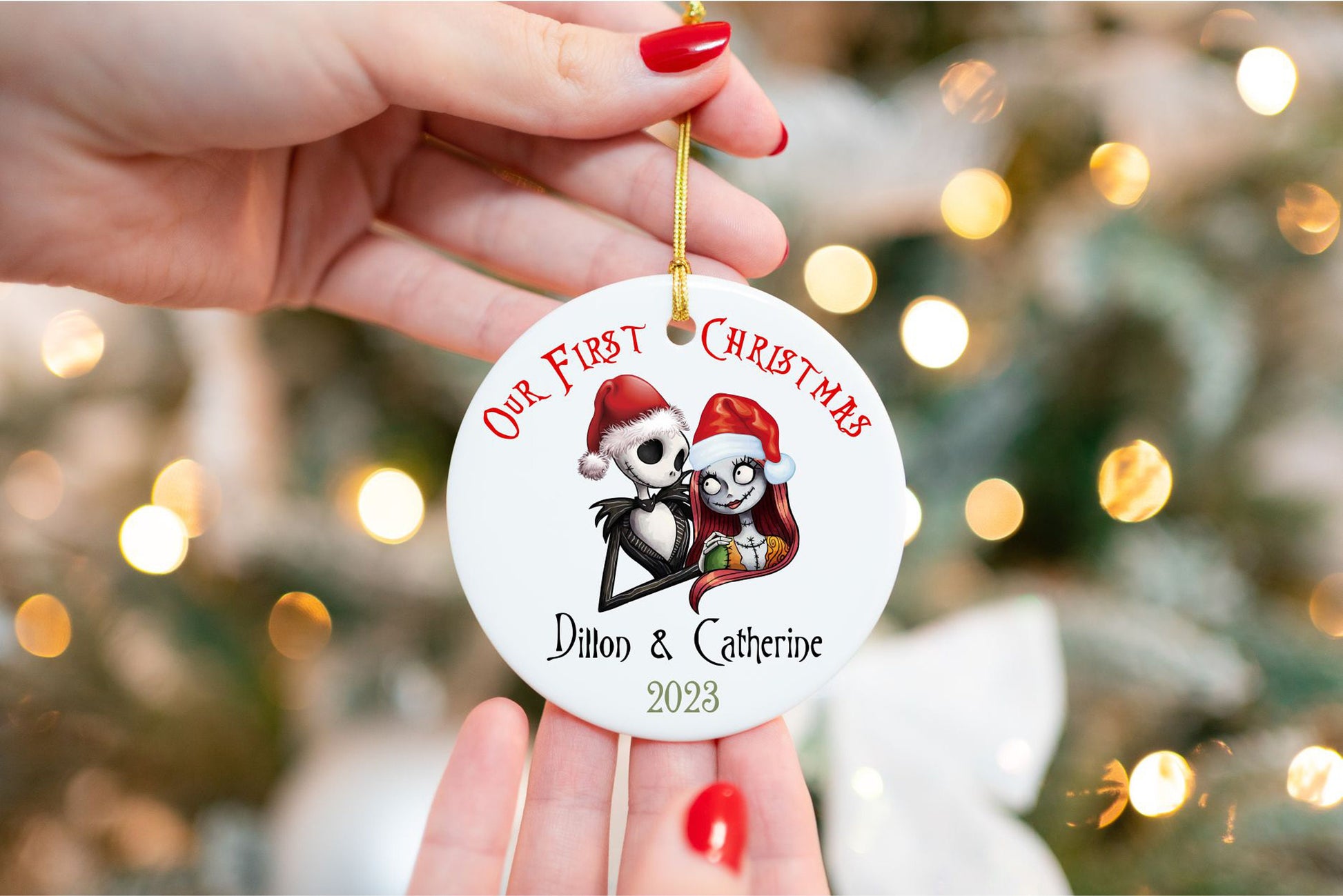 Personalized Couples First Christmas Ornament - Custom Ceramic - close-up of the custom engraving