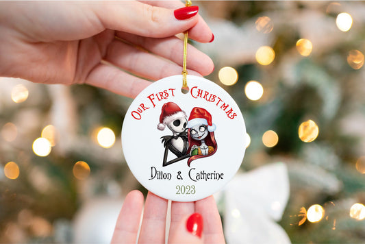 Personalized Couples First Christmas Ornament - Custom Ceramic - close-up of the custom engraving