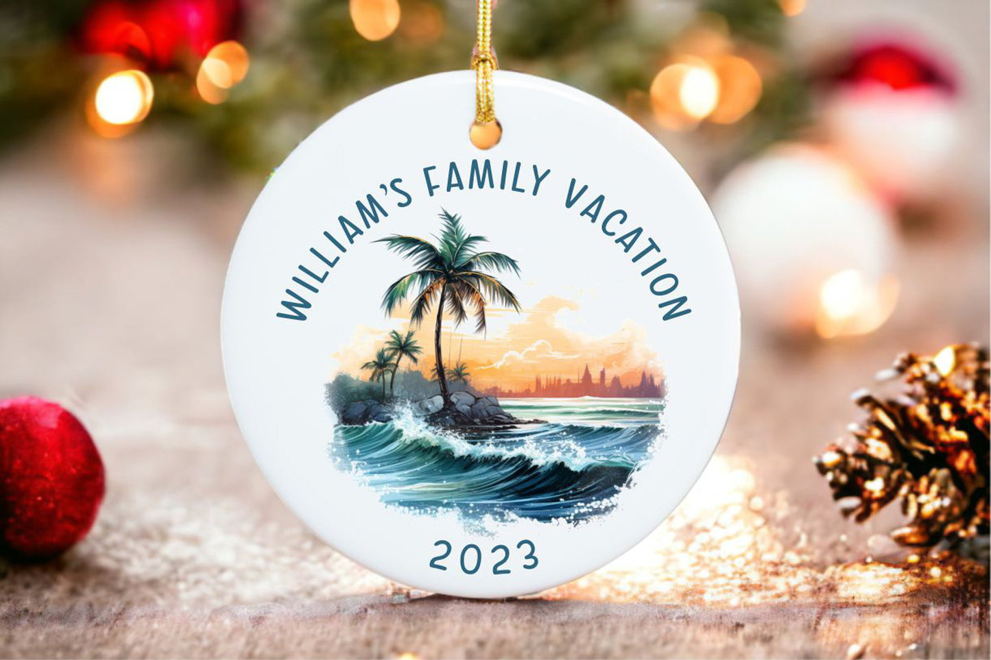 Personalized Family Vacation Ornament - close-up of the custom engraving