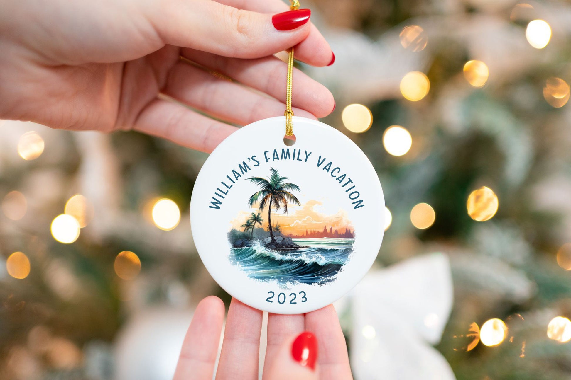 Personalized Family Vacation Ornament - close-up of the custom engraving