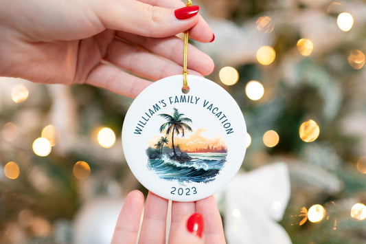 Personalized Family Vacation Ornament - close-up of the custom engraving