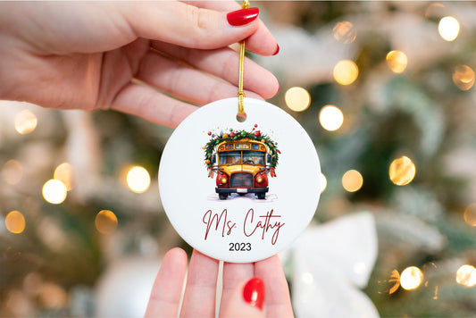 Bus Driver Christmas Ornament - close-up of the custom engraving