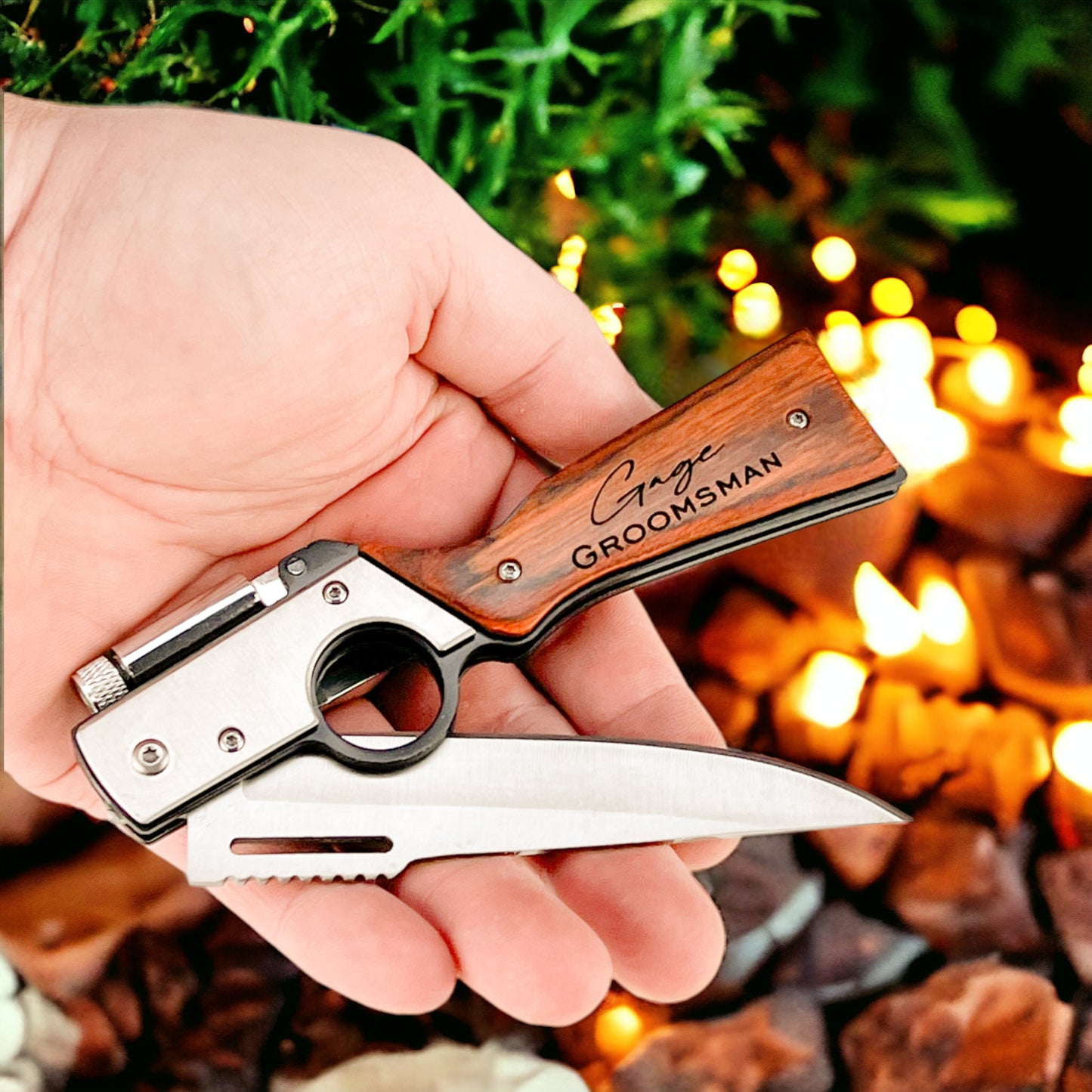 Personalized Rosewood Pocket Knife with LED: Engraved Folding Knife - personalization example