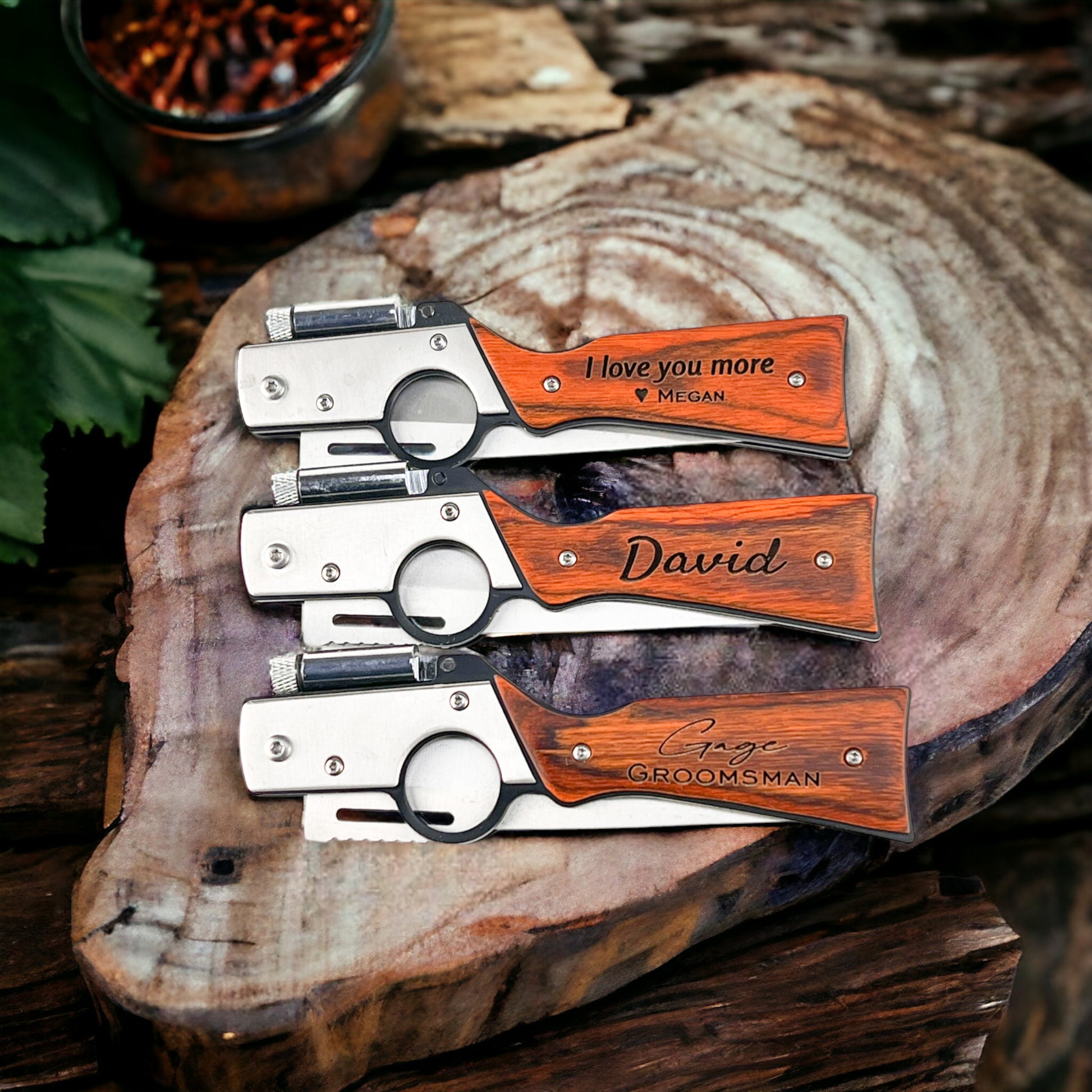 Personalized Rosewood Pocket Knife with LED: Engraved Folding Knife - personalized engraved gift, family-made in Long Island