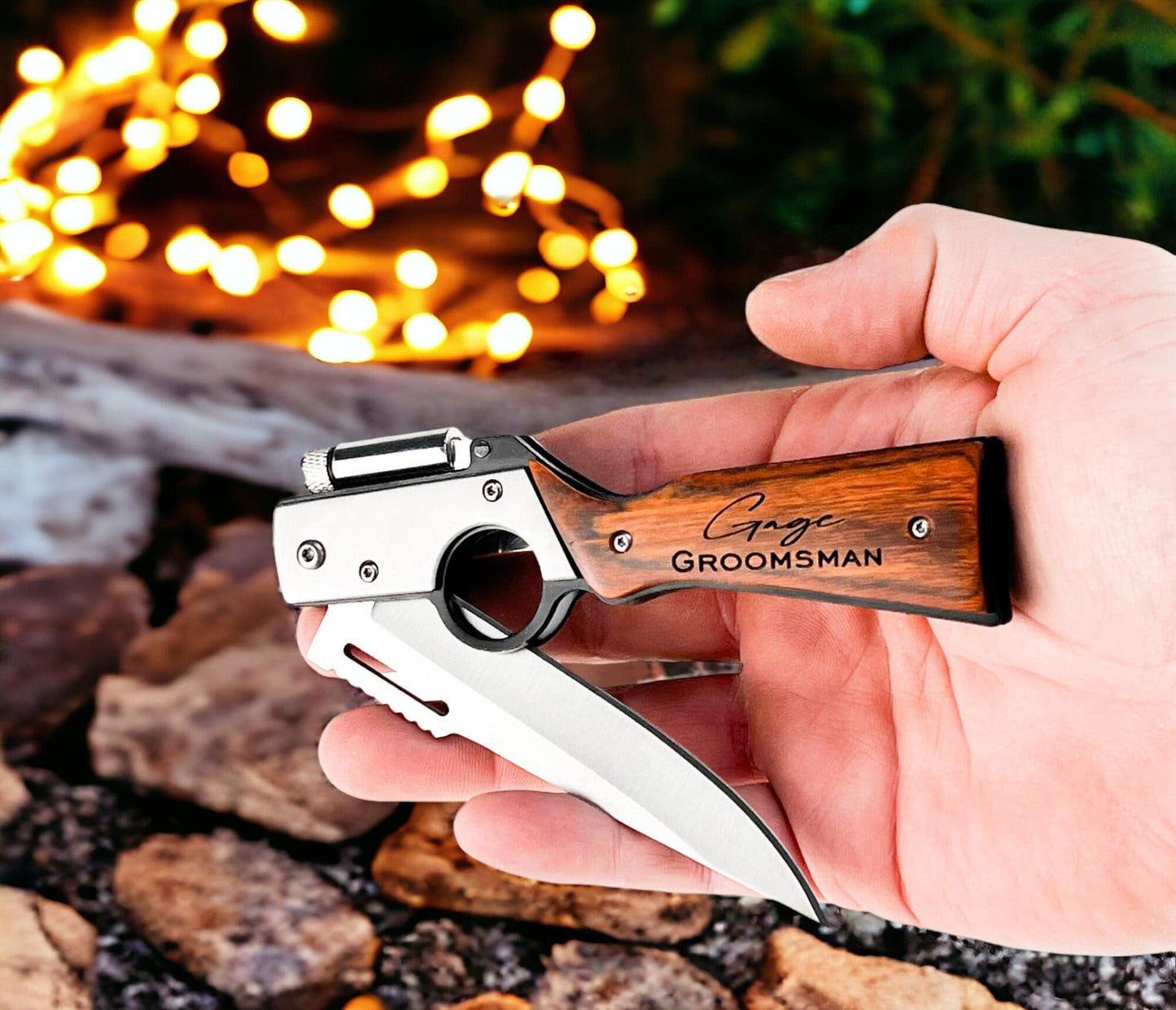 Personalized Groomsman Knife with Custom Name and Wood Handle - personalization example