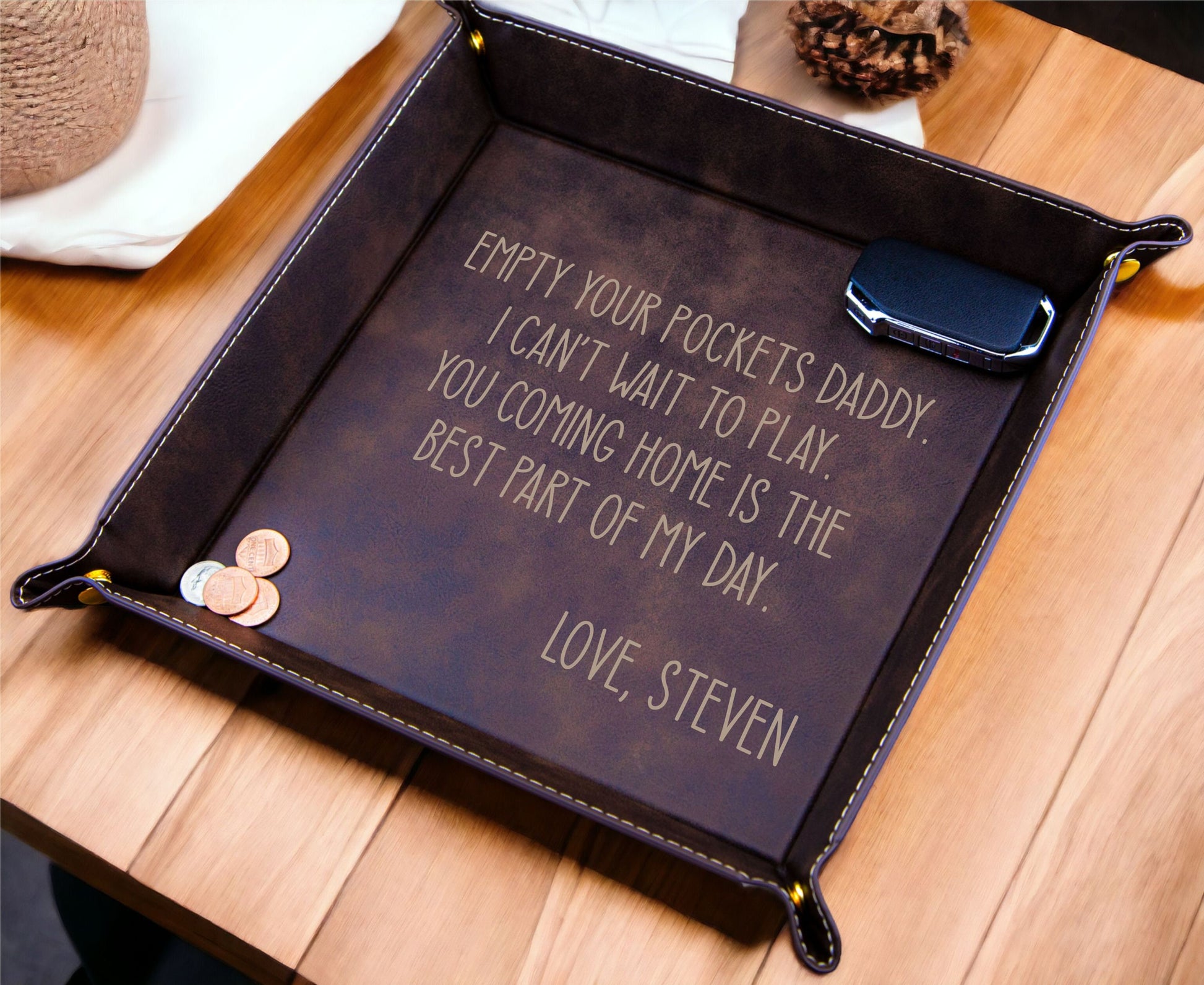 Valet Tray for Dad - close-up of the custom engraving