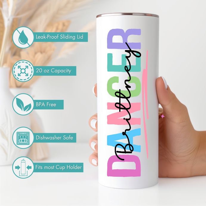 Personalized Dance Tumbler - close-up of the custom engraving