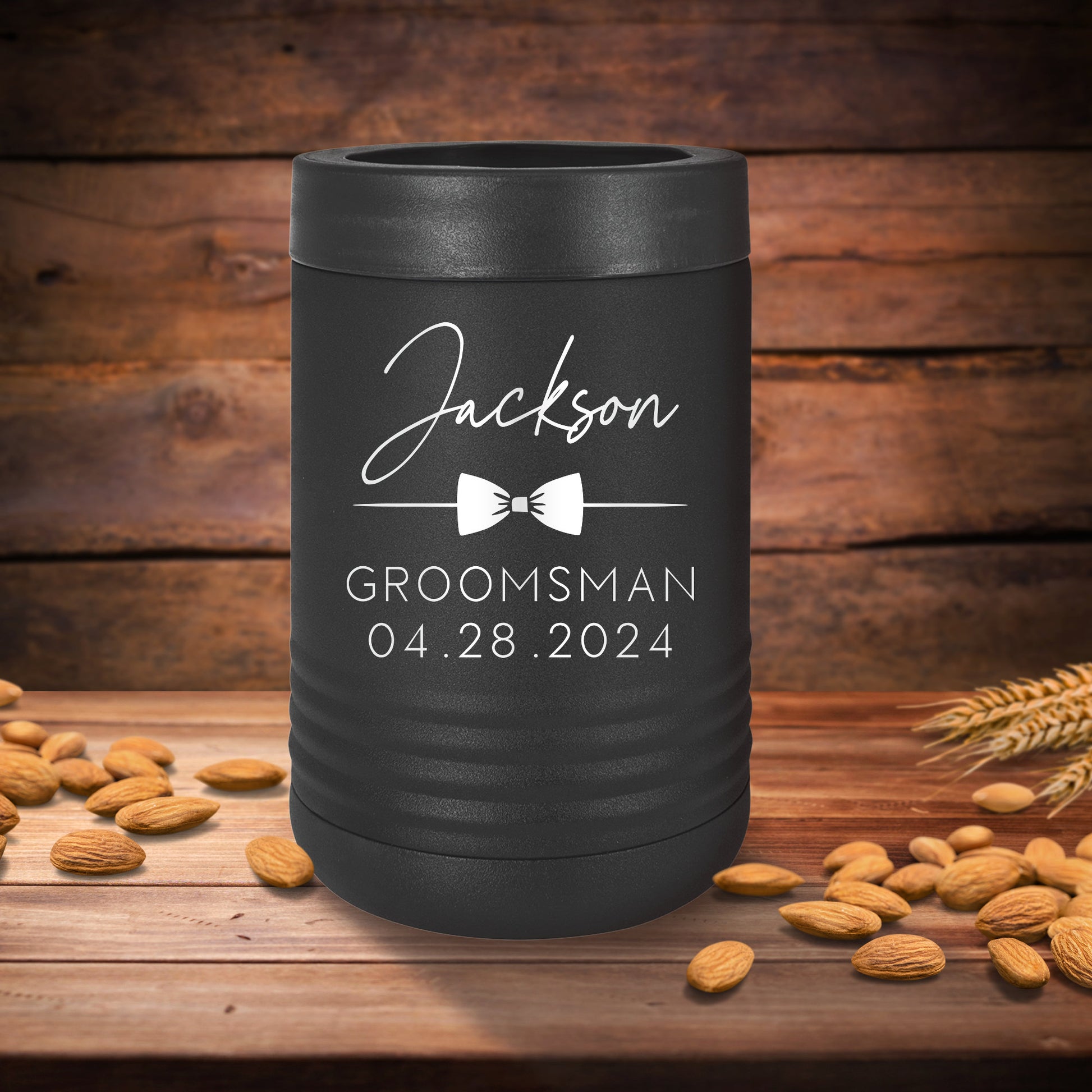 Personalized Metal Can Cooler - close-up of the custom engraving
