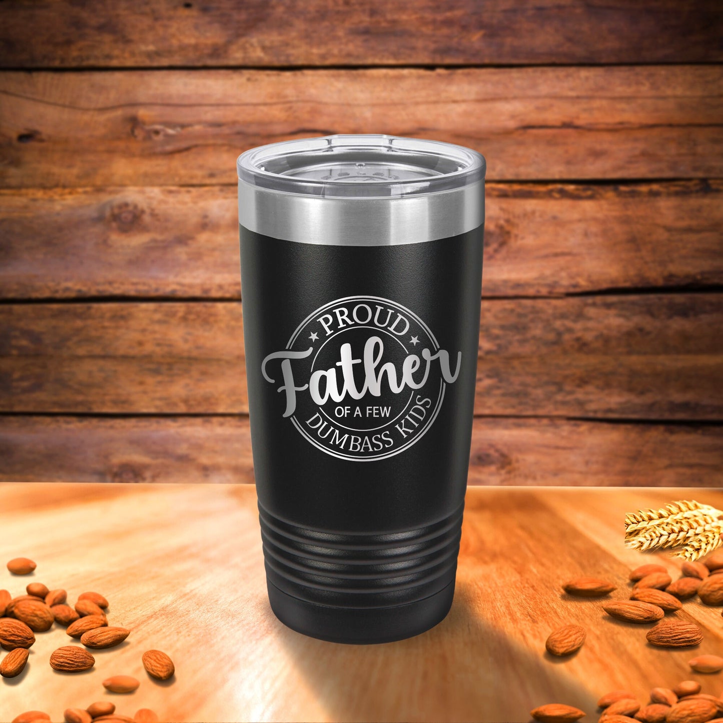 Proud Father of a Few Dumbass Kids Mug - close-up of the custom engraving
