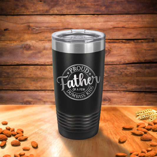 Proud Father of a Few Dumbass Kids Mug - close-up of the custom engraving
