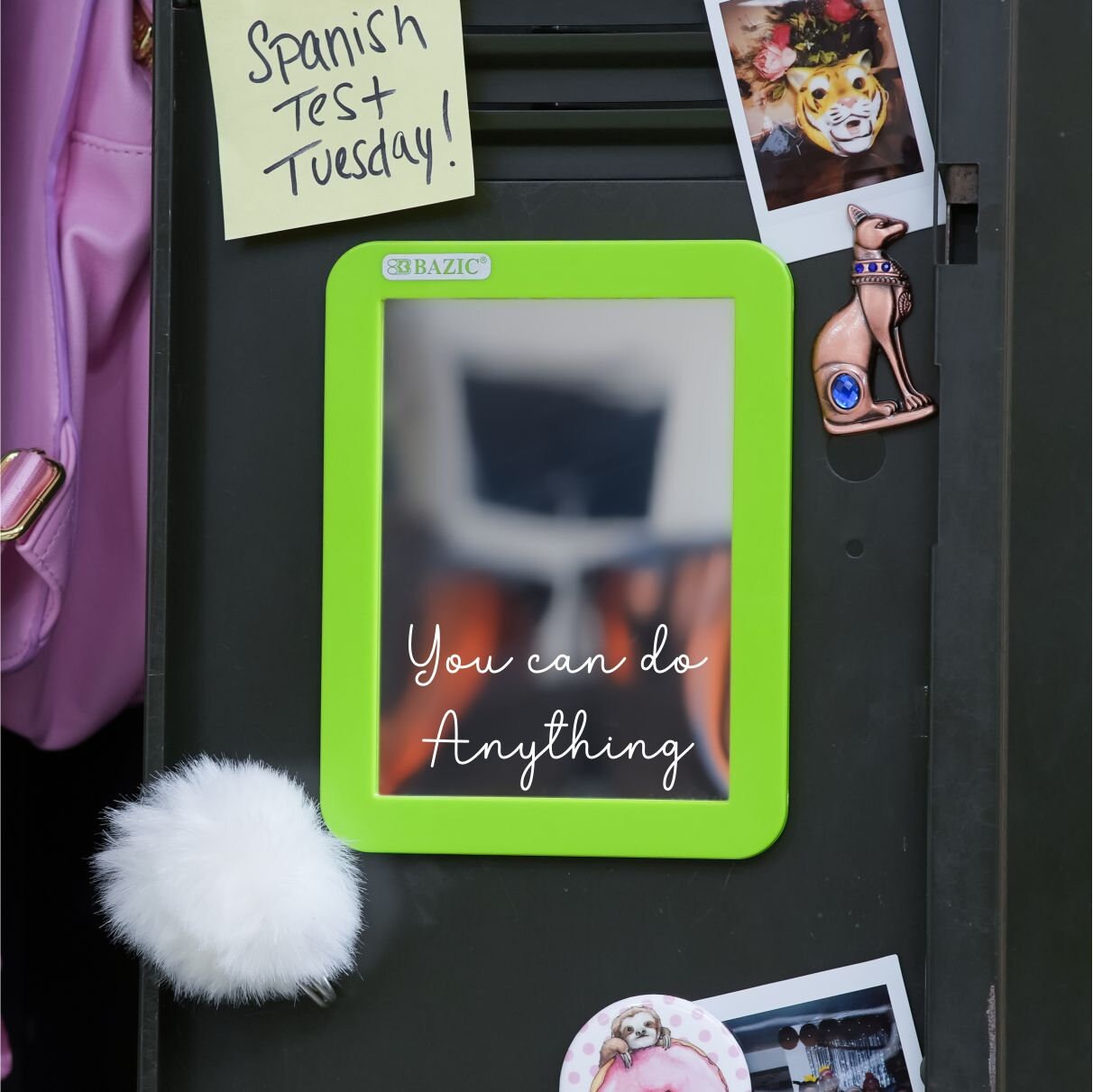 Magnetic Locker Mirror - close-up of the custom engraving