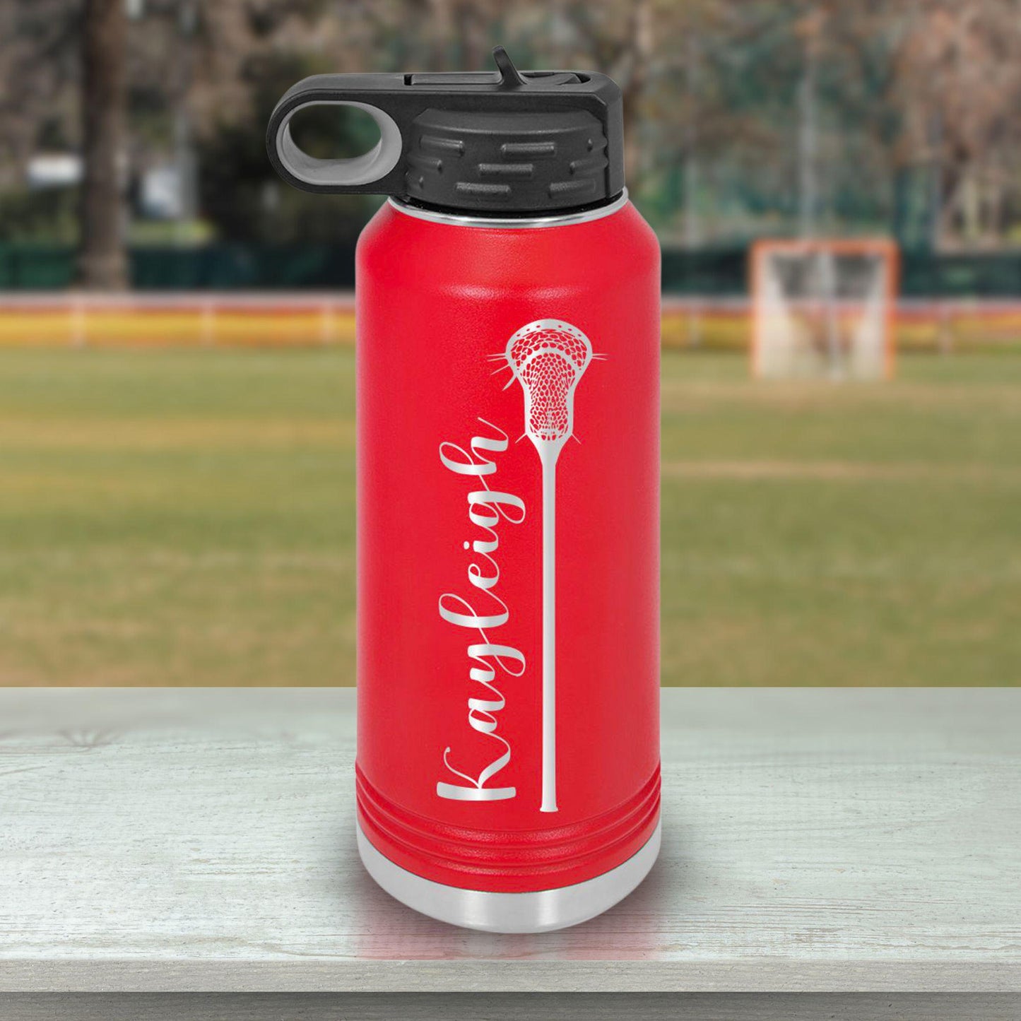 Personalized Lacrosse Water Bottle - close-up of the custom engraving