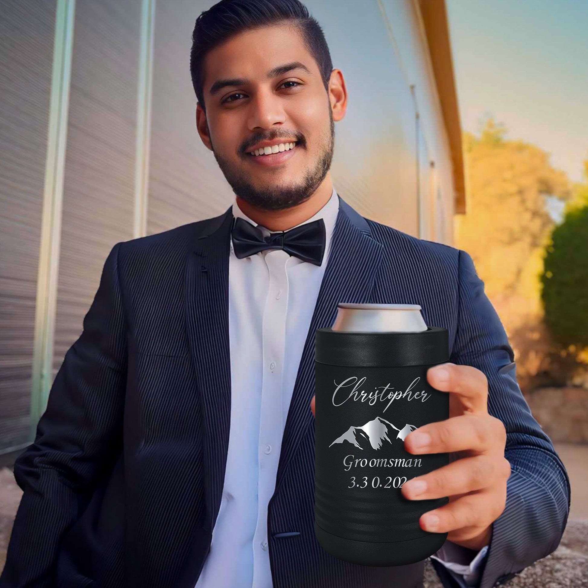 Personalized Metal Can Cooler - close-up of the custom engraving