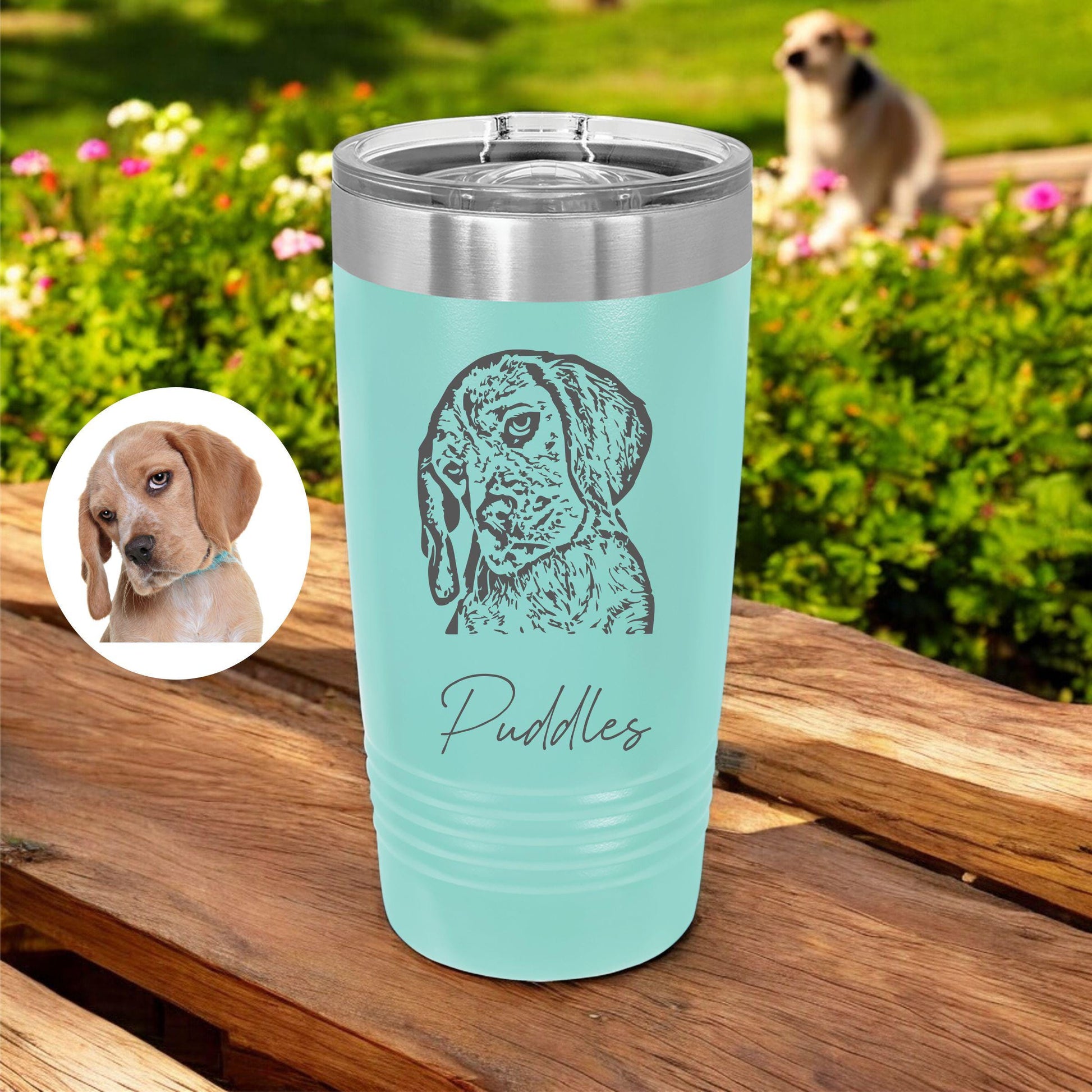 Personalized Dog Tumbler Gift - close-up of the custom engraving