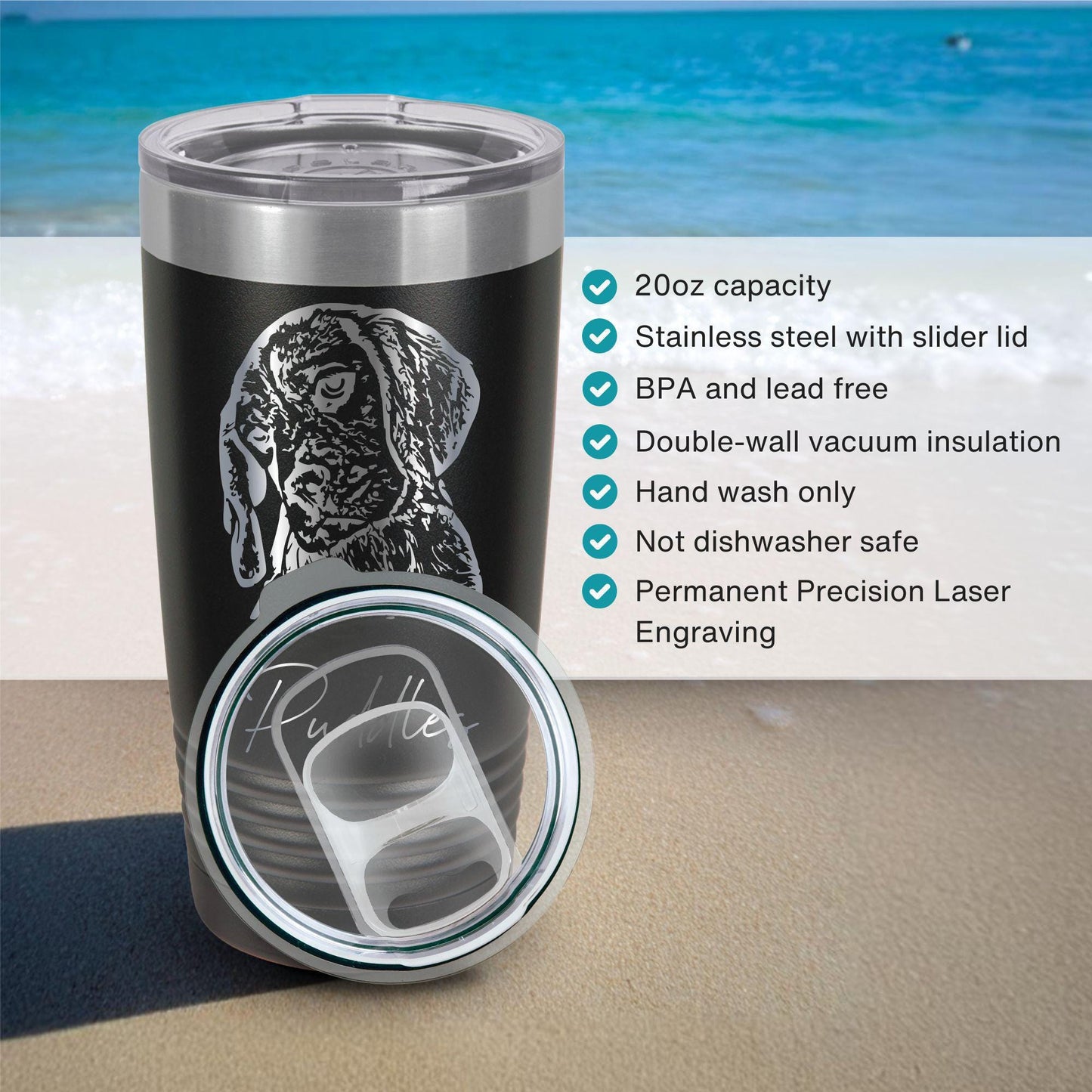 Personalized Dog Tumbler Gift - close-up of the custom engraving