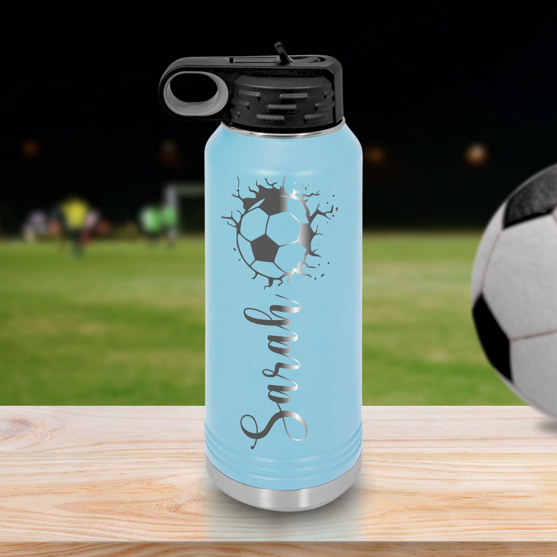 Personalized Soccer Water Bottle for Girls - close-up of the custom engraving