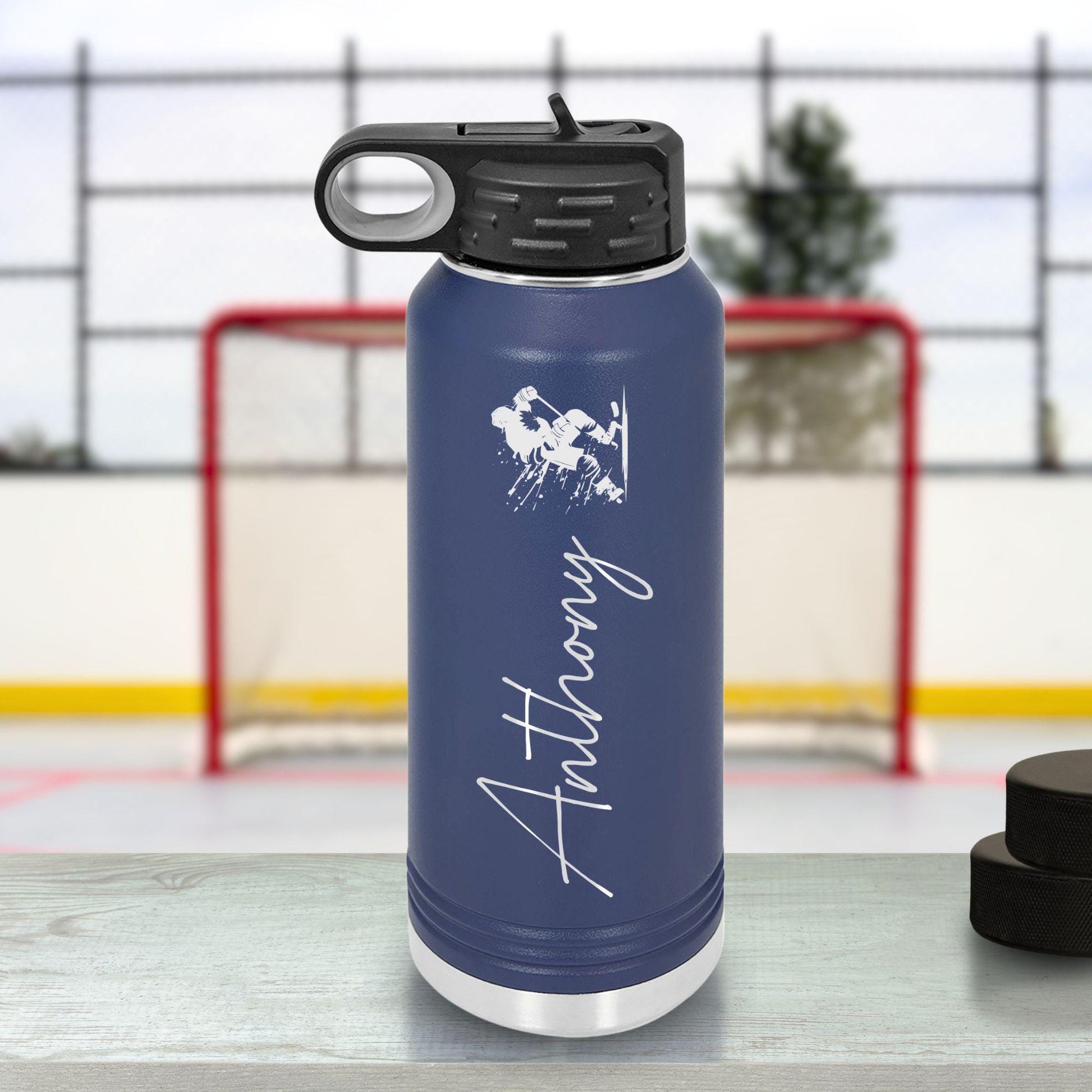 Personalized Hockey Player Water Bottle - color and style options