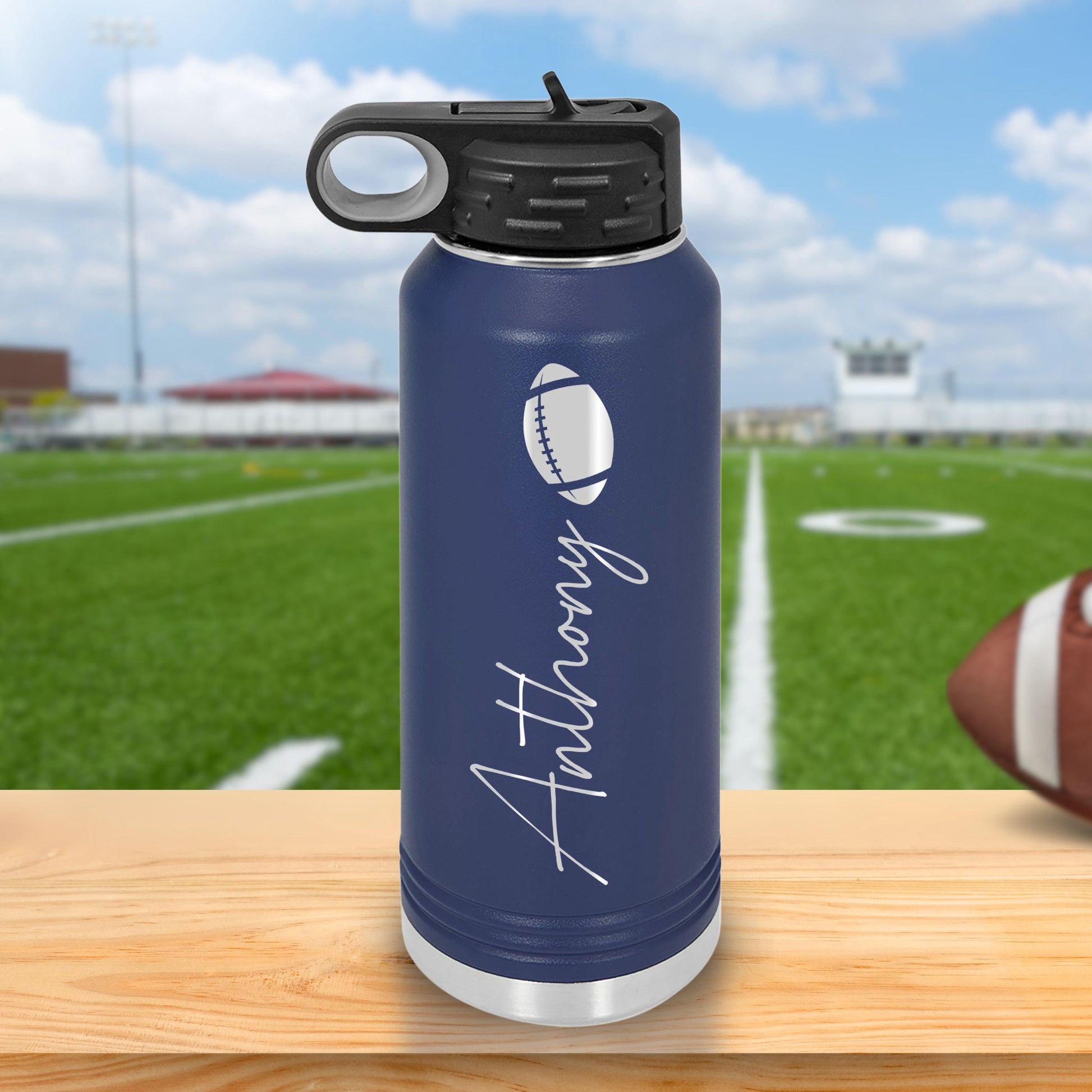 Personalized Football Player Water Bottle - personalization example