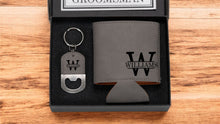 Load image into Gallery viewer, Groomsmen Proposal Gift Set,  Custom Gift Box, Personalized Can Cooler and Key chain for Best Man &amp; Groomsmen
