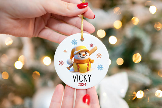 Personalized Softball Snowman Ornament - Ceramic Christmas Keepsake - close-up of the custom engraving