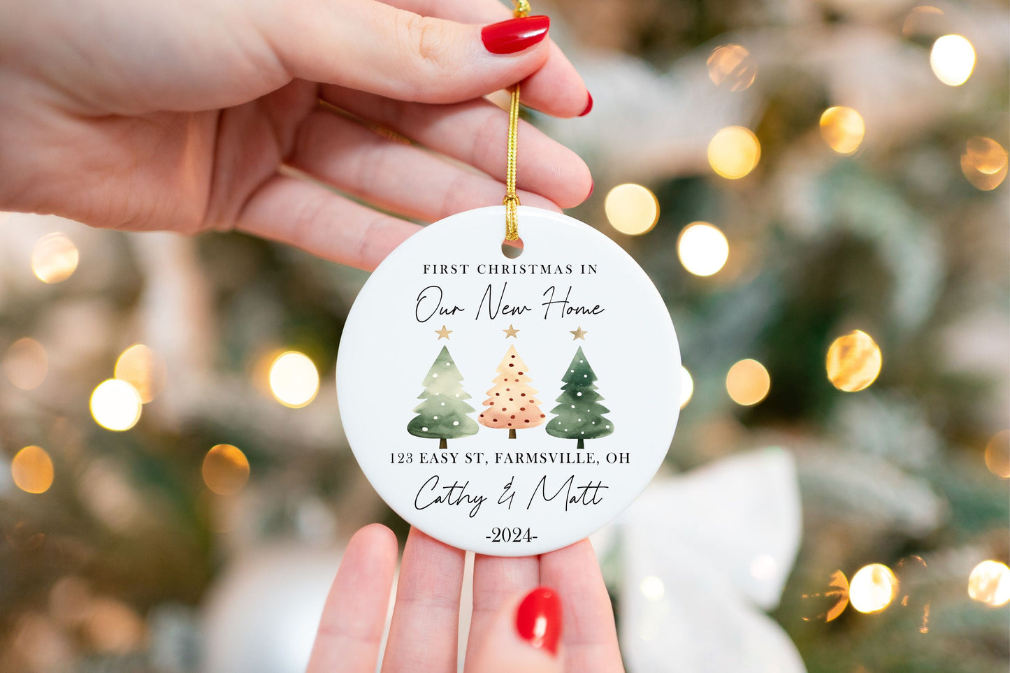 First Home Christmas Ornament - close-up of the custom engraving