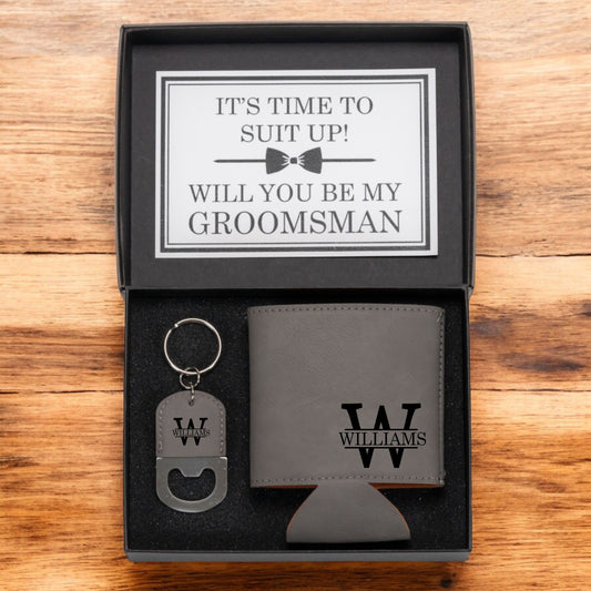 Groomsmen Proposal Gift Set,  Custom Gift Box, Personalized Can Cooler and Key chain for Best Man & Groomsmen