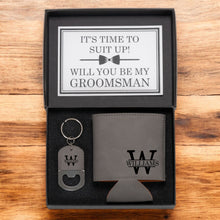 Load image into Gallery viewer, Groomsmen Proposal Gift Set,  Custom Gift Box, Personalized Can Cooler and Key chain for Best Man &amp; Groomsmen
