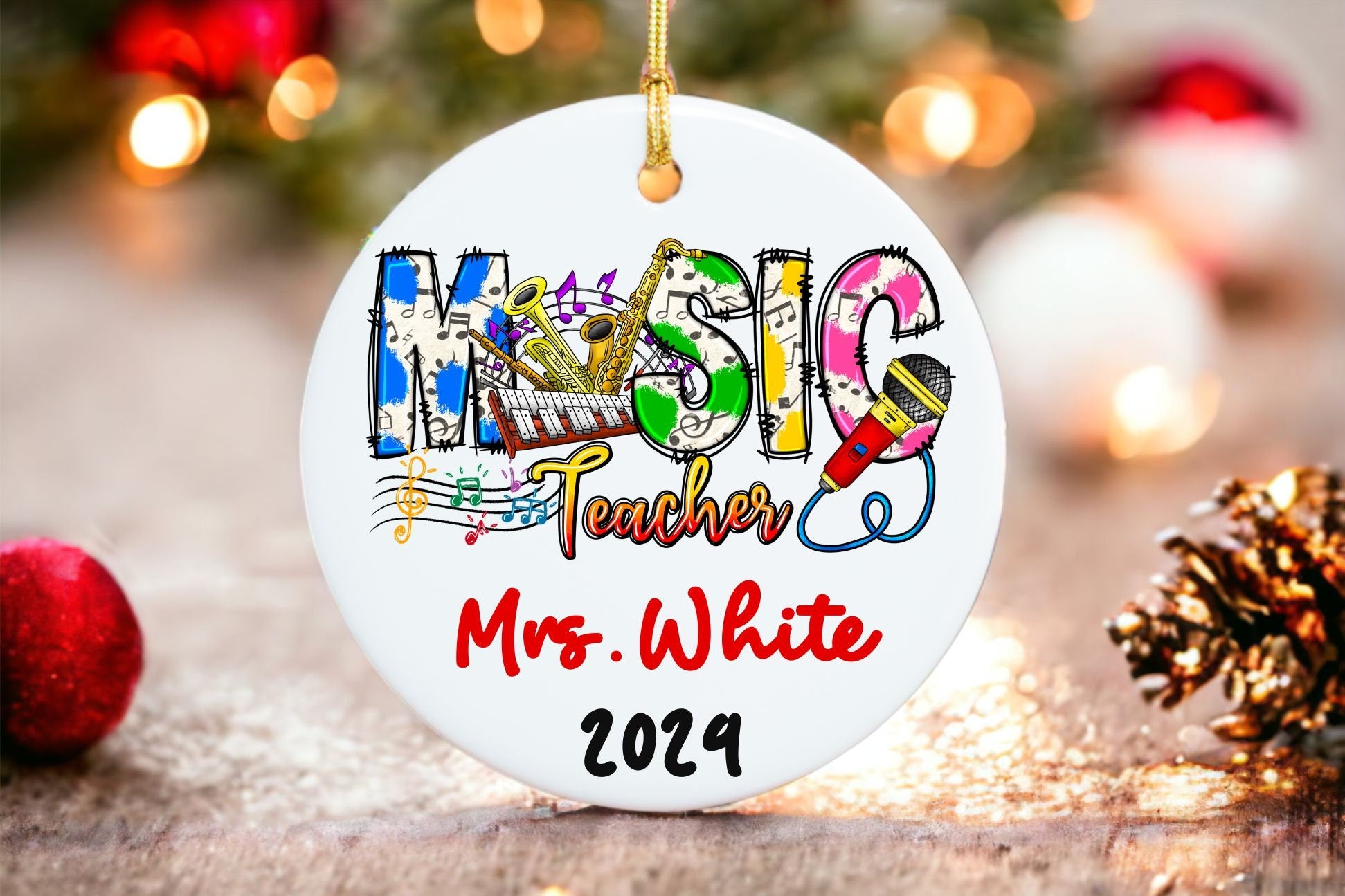 Music Teacher Christmas Ornament - personalized engraved gift, family-made in Long Island