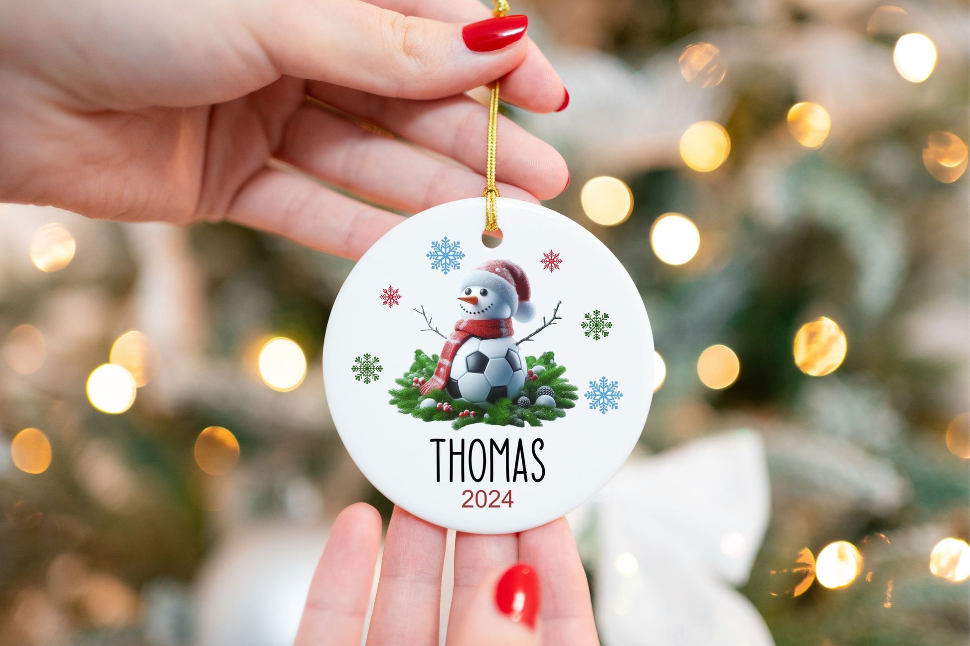 Personalized Soccer Ornament - close-up of the custom engraving