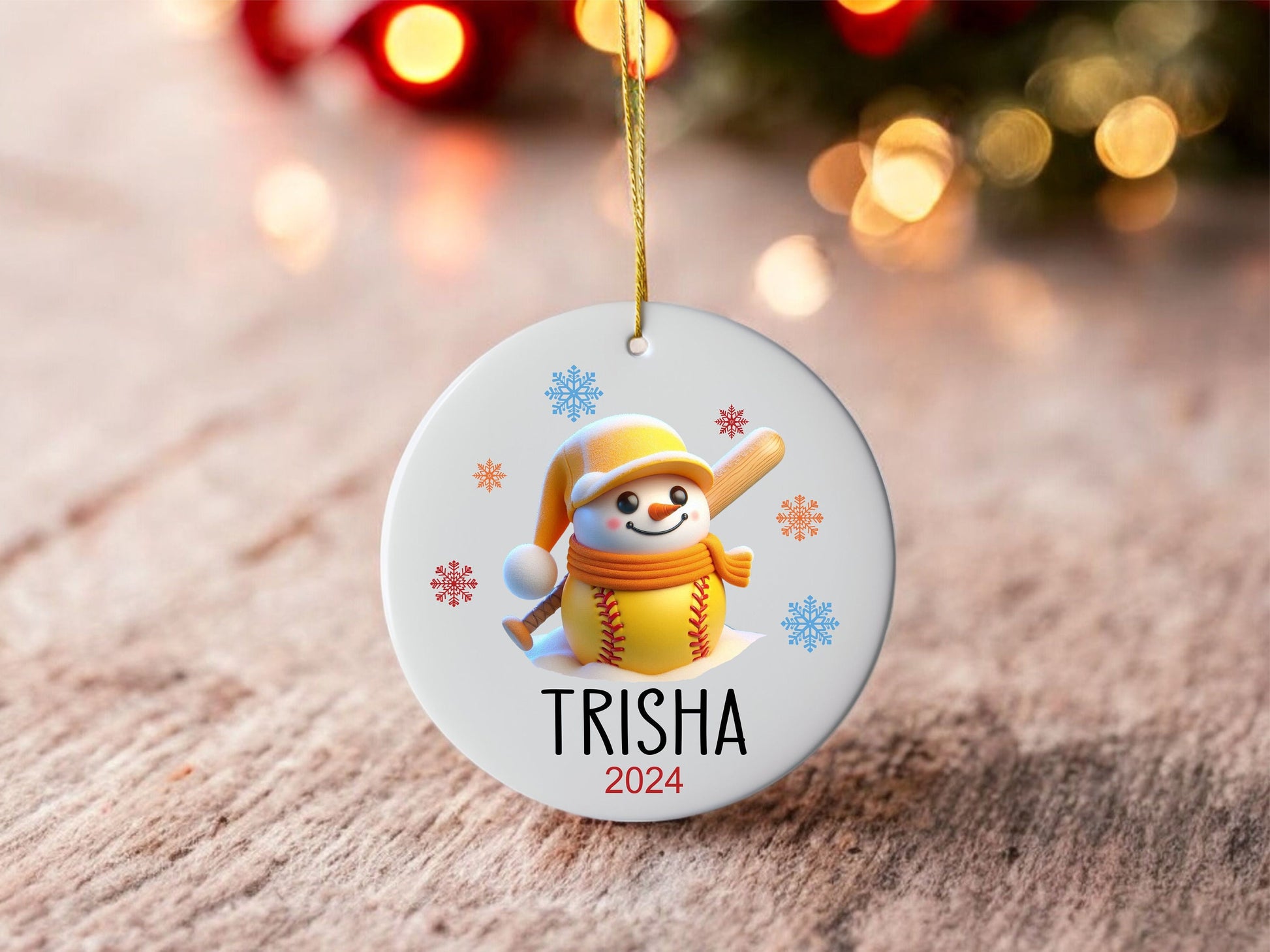 Personalized Softball Snowman Ornament - Ceramic Christmas Keepsake - color and style options