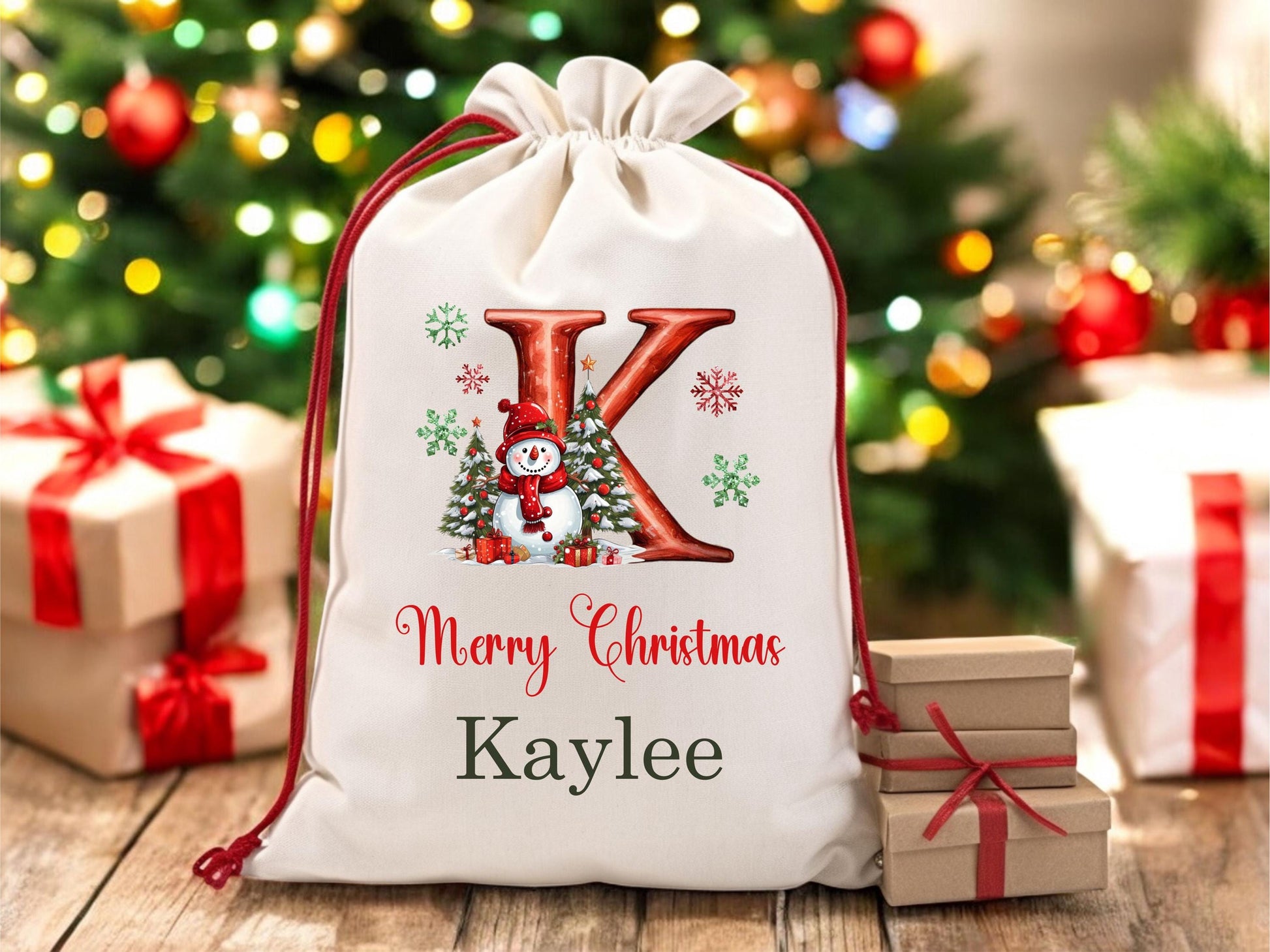 Santa Sack | Personalized with Initial | Canvas Christmas Gift Bag | - close-up of the custom engraving