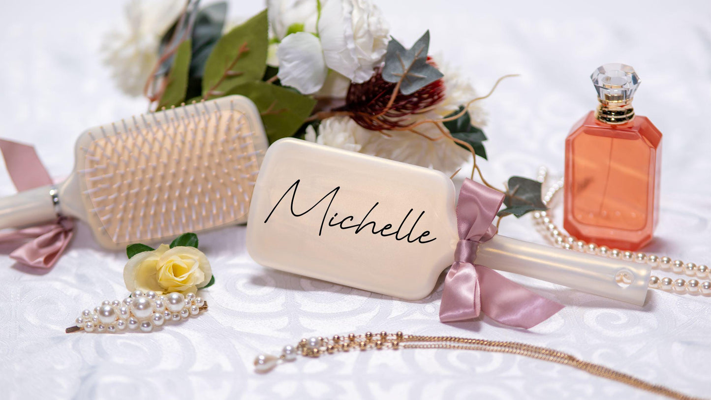 Bridesmaid gift - Personalized Hair Brush - close-up of the custom engraving