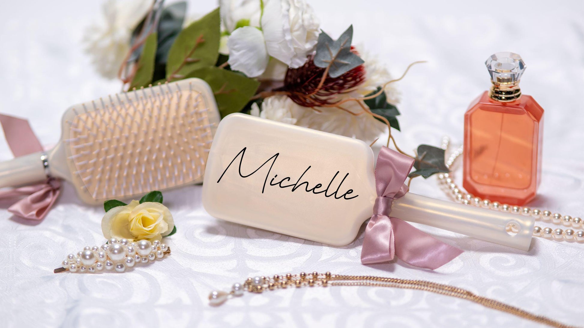 Bridesmaid gift - Personalized Hair Brush - close-up of the custom engraving