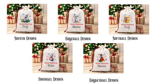 Soccer Santa Sack - close-up of the custom engraving