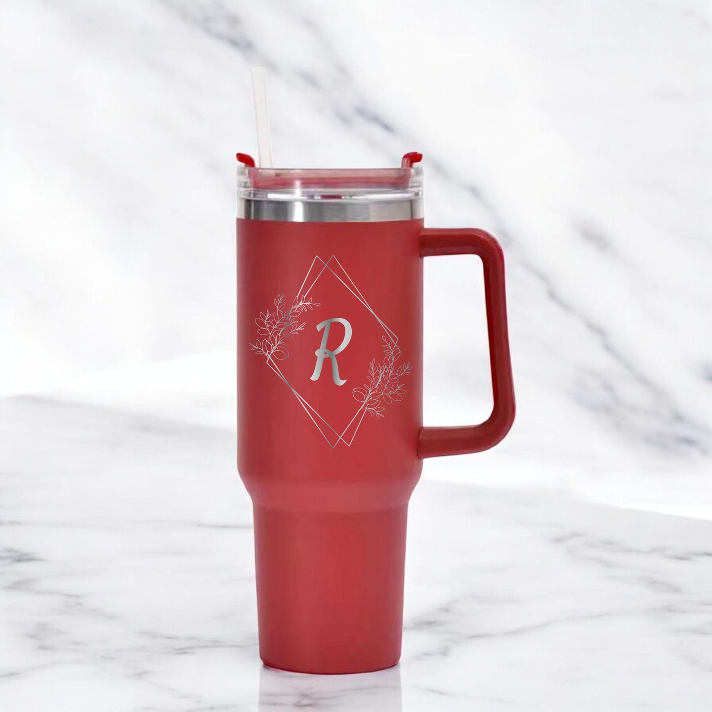 Personalized 40oz Tumbler with Handle and Straw - close-up of the custom engraving