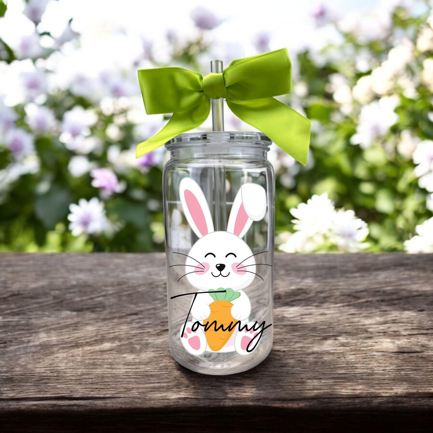 Personalized Easter Acrylic Tumbler for Kids - 16 Oz UV Printed Cup - close-up of the custom engraving